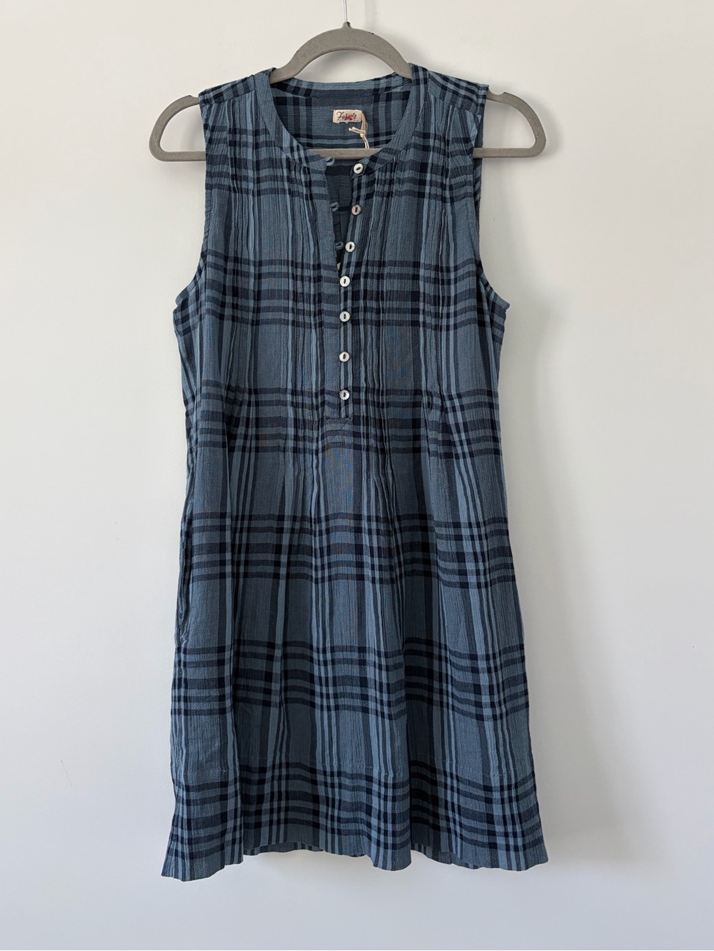 Faherty Isha Plaid Pintuck Organic Cotton Sleeveless Mini Dress Navy Blue NWT XS